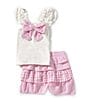 Rare Editions Little Girls Flutter-Sleeve Eyelet-Detailed Top & Mixed-Gingham-Checked Seersucker Shorts Set, Color:Pink - Image 2