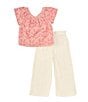 Color:Blush - Image 1 - Little Girls 2T-6X Flutter-Sleeve Patterned Woven Top & Solid Gauze Capri Pant Set