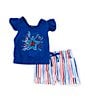 Color:Blue - Image 1 - Little Girls 2T-6X Flutter Sleeve Star-Appliqued Americana T-Shirt & Striped Shorts Set