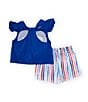 Color:Blue - Image 2 - Little Girls 2T-6X Flutter Sleeve Star-Appliqued Americana T-Shirt & Striped Shorts Set