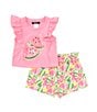 Color:Pink - Image 1 - Little Girls 2T-6X Flutter-Sleeve Watermelon-Appliqued & Allover-Watermelon-Printed Shorts Set