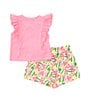 Color:Pink - Image 2 - Little Girls 2T-6X Flutter-Sleeve Watermelon-Appliqued & Allover-Watermelon-Printed Shorts Set