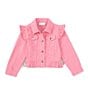 Color:Pink - Image 1 - Little Girls 2T-6X Long-Sleeve Embellished Fringe-Accented Ruffle Denim Jacket
