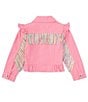 Color:Pink - Image 2 - Little Girls 2T-6X Long-Sleeve Embellished Fringe-Accented Ruffle Denim Jacket