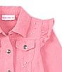 Color:Pink - Image 3 - Little Girls 2T-6X Long-Sleeve Embellished Fringe-Accented Ruffle Denim Jacket