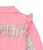 Color:Pink - Image 4 - Little Girls 2T-6X Long-Sleeve Embellished Fringe-Accented Ruffle Denim Jacket