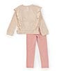 Color:Oatmeal - Image 2 - Little Girls 2T-6X Long Sleeve Glitter-Accented Heart-Appliqued Waffle Knit Tunic Top & Knit Leggings Set