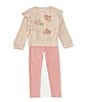 Color:Oatmeal - Image 3 - Little Girls 2T-6X Long Sleeve Glitter-Accented Heart-Appliqued Waffle Knit Tunic Top & Knit Leggings Set