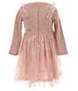Color:Blush - Image 2 - Little Girls 2T-6X Long Sleeve Textured Knit/Glitter-Accented Mesh Fit-And-Flare Dress