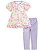 Color:Purple - Image 1 - Little Girls 2T-6X Puffed-Sleeve Sequin-Embellished Daisy-Printed Tunic Top & Metallic Leggings Set