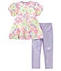 Color:Purple - Image 2 - Little Girls 2T-6X Puffed-Sleeve Sequin-Embellished Daisy-Printed Tunic Top & Metallic Leggings Set