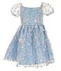 Color:Light Blue - Image 1 - Little Girls 2T-6X Puffed Sleeve Sequin-Embellished Floral-Soutache Fit & Flare Dress