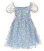 Color:Light Blue - Image 2 - Little Girls 2T-6X Puffed Sleeve Sequin-Embellished Floral-Soutache Fit & Flare Dress