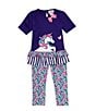Color:Purple - Image 3 - Little Girls 2T-6X Raglan Sleeve Unicorn Applique Tunic Top & Floral Printed Leggings Set