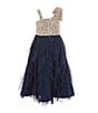 Color:Navy - Image 2 - Little Girls 2T-6X Sequin-Embellished Asymmetrical-Neck/Glitter-Accented Mesh Skirt Fit And Flare Dress