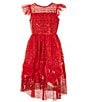 Color:Red - Image 1 - Little Girls 2T-6X Sequin-Illusion Yoke/Sequin Mesh/Soutache High-Low-Hem Dress
