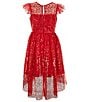 Color:Red - Image 2 - Little Girls 2T-6X Sequin-Illusion Yoke/Sequin Mesh/Soutache High-Low-Hem Dress
