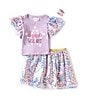 Color:Lilac - Image 1 - Little Girls 2T-6X Sequin-Puff-Sleeve Good Vibes Top & Sequin-Embellished Patterned Skort Set