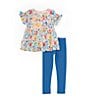 Color:Blue - Image 1 - Little Girls 2T-6X Short Sleeve Floral Mesh Tunic Top & Solid Knit Capri Leggings Set