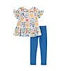 Color:Blue - Image 2 - Little Girls 2T-6X Short Sleeve Floral Mesh Tunic Top & Solid Knit Capri Leggings Set