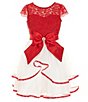 Color:Red - Image 1 - Little Girls 2T-6X Short-Sleeve Glitter-Accented Lace-Bodice/Tiered-Mesh Skirted Dress