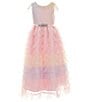 Color:Pink - Image 1 - Little Girls 2T-6X Shot Sleeve Lace-Bodice/Rainbow-Pattern Mesh-Skirted Midi Dress
