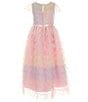 Color:Pink - Image 2 - Little Girls 2T-6X Shot Sleeve Lace-Bodice/Rainbow-Pattern Mesh-Skirted Midi Dress