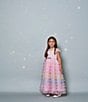 Color:Pink - Image 3 - Little Girls 2T-6X Shot Sleeve Lace-Bodice/Rainbow-Pattern Mesh-Skirted Midi Dress