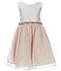 Color:Taupe - Image 1 - Little Girls 2T-6X Sleeveless Color Block Mikado-Bodice/Mesh-Skirted Fit-And-Flare Dress