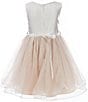 Color:Taupe - Image 2 - Little Girls 2T-6X Sleeveless Color Block Mikado-Bodice/Mesh-Skirted Fit-And-Flare Dress