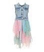 Color:Chambray - Image 1 - Little Girls 2T-6X Sleeveless Denim Vest & Sleeveless Glitter-Accented Ombre Asymmetrical-Skirted Dress