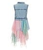 Color:Chambray - Image 2 - Little Girls 2T-6X Sleeveless Denim Vest & Sleeveless Glitter-Accented Ombre Asymmetrical-Skirted Dress