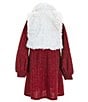 Color:Burgundy - Image 2 - Little Girls 2T-6X Sleeveless Faux-Fur Vest & Long Sleeve Metallic A-Line Dress