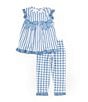 Color:Chambray - Image 1 - Little Girls 2T-6X Sleeveless Striped Apron Top & Checked Leggings Set