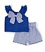 Color:Royal - Image 1 - Little Girls 2T-6X Solid Bow-Accented Knit Top & Checked Seersucker Shorts Set