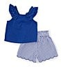 Color:Royal - Image 2 - Little Girls 2T-6X Solid Bow-Accented Knit Top & Checked Seersucker Shorts Set
