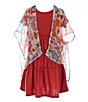 Color:Rust - Image 1 - Little Girls 4-6X Printed Short Sleeve Kimono & Rib-Knit Tiered Dress 2-Piece Set