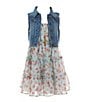 Color:Aqua - Image 1 - Little Girls 4-6X Sleeveless Denim Vest & Sleeveless Ditsy Floral-Printed Fit & Flare Dress