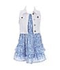 Color:Blue - Image 1 - Little Girls 4-6X Sleeveless Denim Vest & Sleeveless Floral-Printed Dress