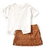 Rarity Little Girls Short-Sleeve Heart-Embroidered T-Shirt & Fringe-Accented Faux-Suede Skort Set, Color:Brown - Image 2