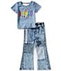 Rarity Little Girls Short-Sleeve #double;ABCD#double; Acid-Wash Top & Patchwork Jeans Set, Color:Blue - Image 1