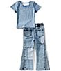 Rarity Little Girls Short-Sleeve #double;ABCD#double; Acid-Wash Top & Patchwork Jeans Set, Color:Blue - Image 2