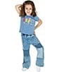 Rarity Little Girls Short-Sleeve #double;ABCD#double; Acid-Wash Top & Patchwork Jeans Set, Color:Blue - Image 3