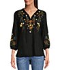 Color:Black Multi - Image 1 - 3/4 Sleeve Split V-Neck Floral Embroidered Peasant Tunic