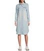 Color:Light Wash - Image 3 - Annie Point Collar 3/4 Roll-Tab Sleeve Button Front Frayed Hem Shirt Dress