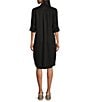 Color:Black - Image 2 - Annie Point Collar 3/4 Roll-Tab Sleeve Button Front Frayed Hem Shirt Dress