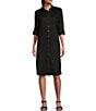 Color:Black - Image 1 - Annie Point Collar 3/4 Roll-Tab Sleeve Button Front Frayed Hem Shirt Dress