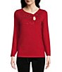 Color:Red - Image 1 - Asymmetrical Keyhole Neck Long Sleeve Embellished Metallic Sweater