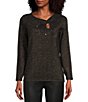 Color:Black - Image 1 - Asymmetrical Keyhole Neck Long Sleeve Embellished Metallic Sweater