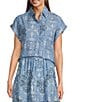 Reba Austin Bandana Print Coordinating Point Collar Short Sleeve Button Front Top, Color:Lake Bandana - Image 1